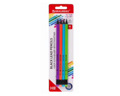 Набор карандашей чернографитных BRAUBERG ULTRA COLOR 4шт HB с ластиком пластиковые Набор карандашей чернографитных BRAUBERG ULTRA COLOR 4шт HB с ластиком пластиковые