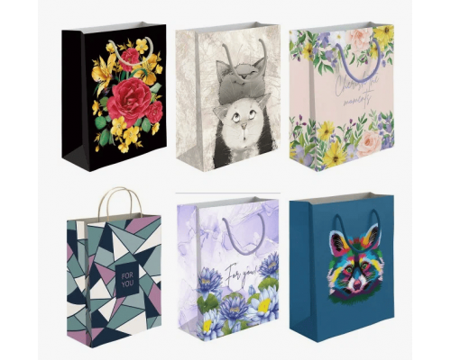 Пакет подарочный бумажный 26*13*32 ЛЮКС микс рисунок в ассортименте