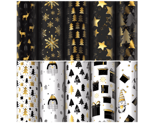 Бумага оберточная 70см*100см Новый год НГ Black.Gold.White рисунок в ассортименте